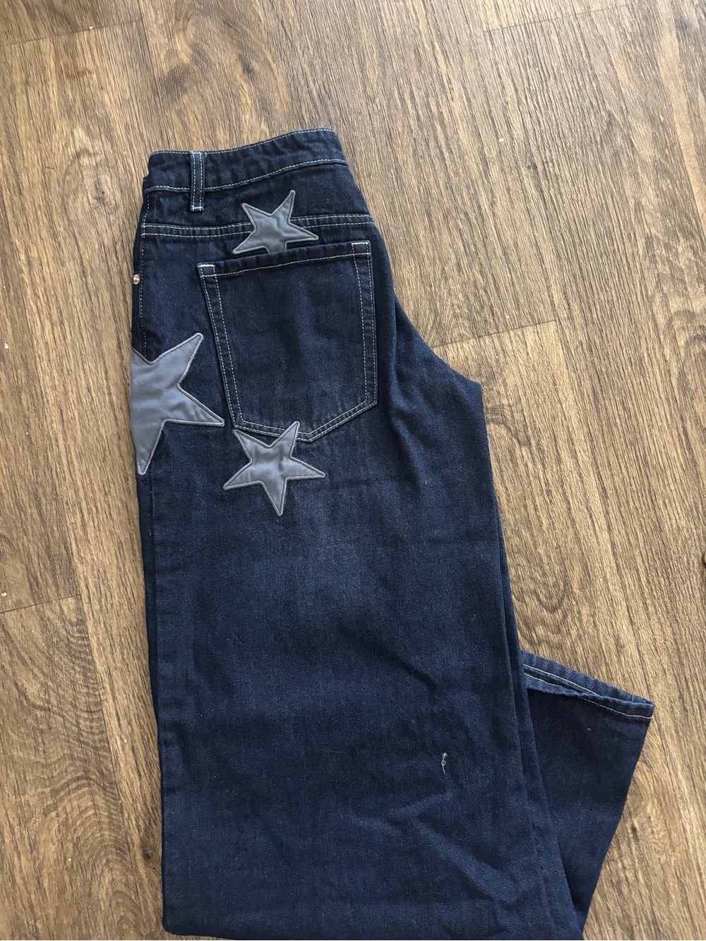 Edikted Dark Blue Straight Leg Jeans with Grey Star Appliqués
